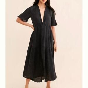BY ANTHROPOLOGIE | Weathered Black Flutter Boho Tiered Gauze Midi Dress | Large